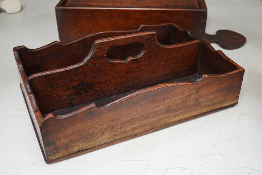 A George III mahogany cutlery tray, together with an oak hanging candle box, largest 48cm high. Condition - fair to good